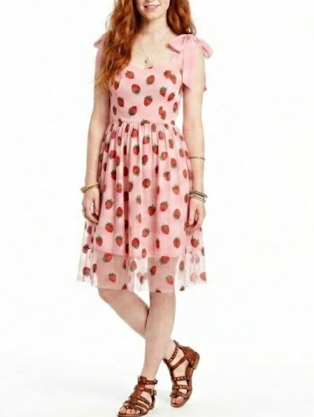 Whimisical Strawberry Dress Tie-Shoulder Midi Women's Large